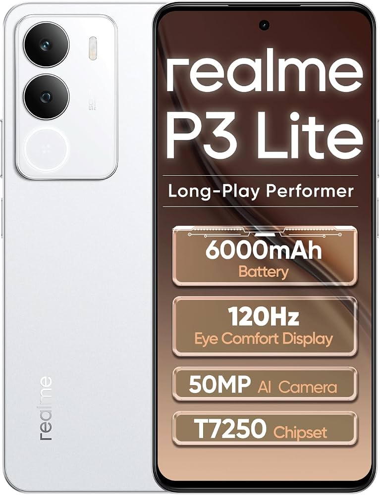 SMARTPHONE REALME P3 LITE , WHITE, 8 + 256 GB, 120 HZ EYE COMFORT DISPLAY, 6000 MAH BATTERY, T7250 CHIPSET, 50 MP AI CAMERA, 15 W CHARGE, MILITARY-GRADE SHOCK RESISTANCE, DAILY WATER RESISTANCE (NO CARICA BATTERIE)